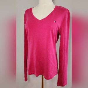 Tommy Hilfiger 100% Cotton Long Sleeve Shirt Pullover V-Neck Hot Pink Tee Size L